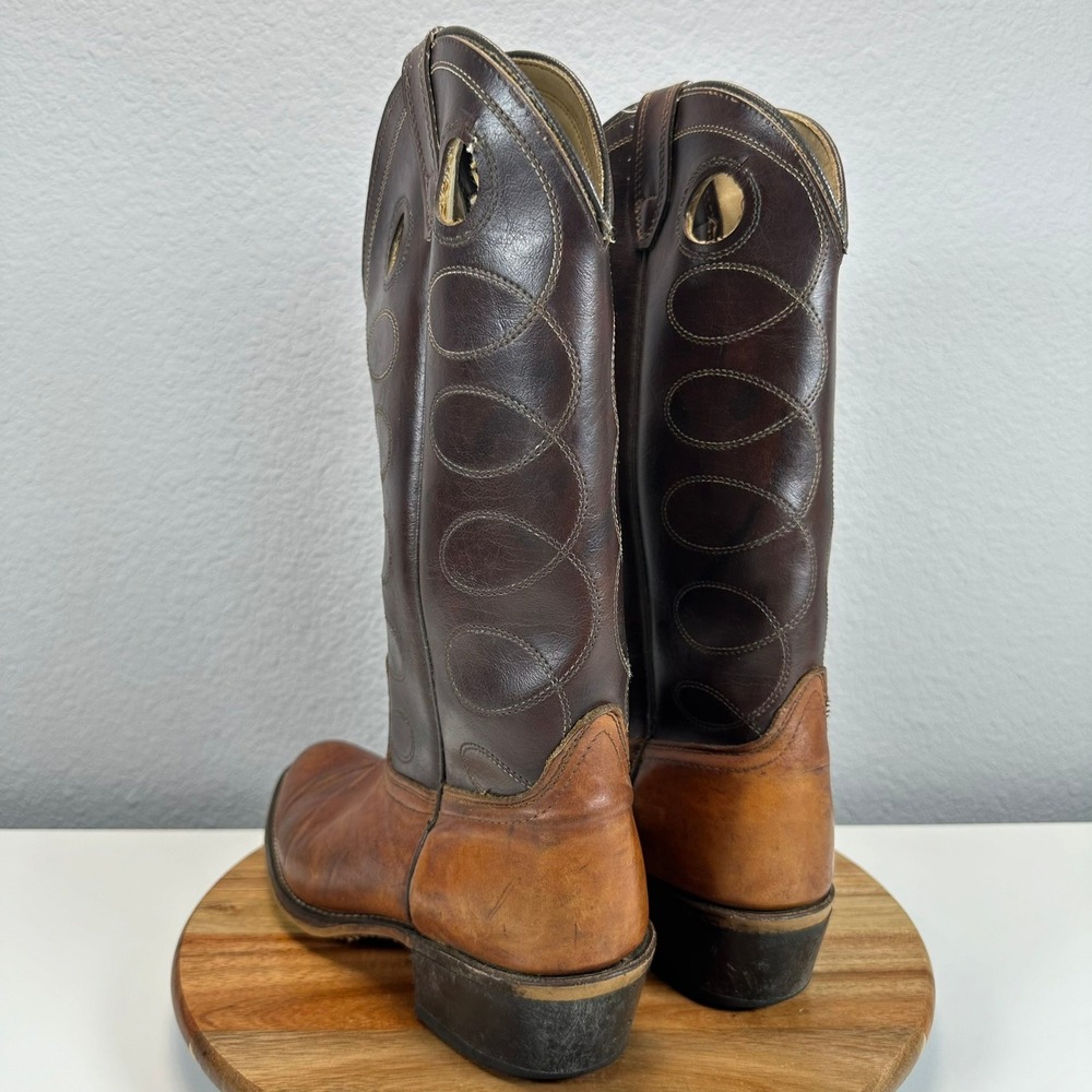 VTG Acme Western Cowboy Boots Brown Pull On Men's 9 D USA Round Toe Rodeo 2 Tone - Picture 3 of 10